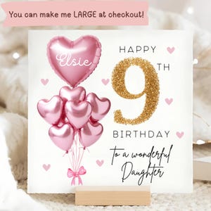 Carte personnalisée de 9e anniversaire de fille, carte ballon en or rose, fille a 9 ans, cadeau de neuvième anniversaire, carte de neuvième fille, fille a neuf ans
