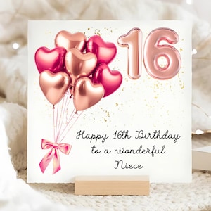 Carte d'anniversaire rose or rose pour 16 ans de nièce, carte d'anniversaire personnalisée pour 16 nièces, carte de nièce coeur ballon, carte de nièce seizième