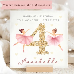 Biglietto personalizzato per il 4° compleanno della sorellastra con ballerina, biglietto per il 4° compleanno della sorellastra, biglietto per il 4° compleanno della sorellastra, biglietto con numero glitterato oro