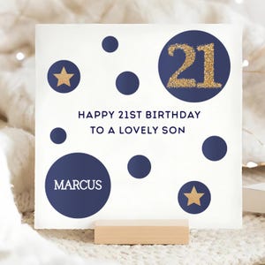 Carte d'anniversaire bleu et or fils 21 ans, carte d'anniversaire fils 21 ans personnalisée, carte vingt et unième anniversaire fils, cadeau fils de 21 ans, cadeau d'anniversaire fils