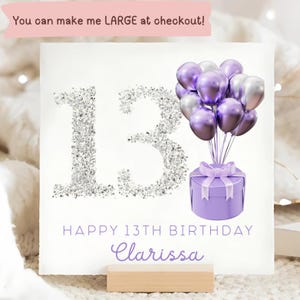 Carte personnalisée de 13e anniversaire avec paillettes argentées, carte de 13e anniversaire femme, carte de 13e anniversaire petite fille, carte de 13 ans, 13 ans