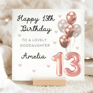 Carte d'anniversaire personnalisée pour filleule 13e, carte ballon de 13e anniversaire en or rose, carte fillette adolescente, officiellement une carte d'adolescent