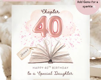 Daughter Chapter 40 Birthday Card, Personalised Diamante Daughter 40th Card, Daughter Fortieth Birthday Card, Daughter Pink 40 Birthday