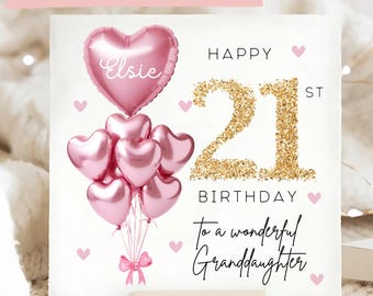 Carte personnalisée d'anniversaire de petite-fille, 21 ans, ballon en or rose, petite-fille de 21 ans, cadeau de 21 ans, petite-fille de 21 ans