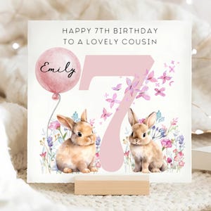 Cousin 7th Birthday Personalised Card, Rabbit & Butterfly 7th Birthday Card, Personalised Cousin Turns Seven, Cousin is 7 Years Old