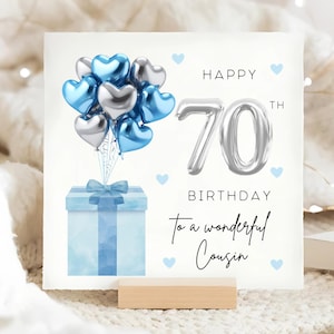 Tarjeta de cumpleaños con globo plateado y azul para primos que cumplen 70 años, un primo maravilloso cumple setenta años, para su cumpleaños, tarjeta de cumpleaños con globo de aluminio para primos, primo número setenta
