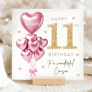 Cousin 11th Birthday Personalised Card, Pink Gold Balloon Card, Cousin is 11, Eleventh Birthday Gift, Cousin Eleven Years Old, Cousin Eleven