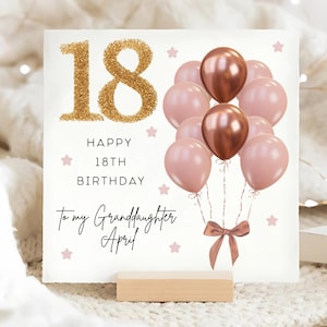 Carte d'anniversaire de petite-fille, brun rose et ballon doré, 18e anniversaire, carte d'anniversaire personnalisée de petite-fille, carte de petite-fille a 18 ans