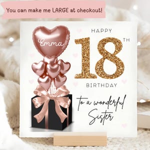Sister 18th Birthday Personalised Card, Rose Gold Black Balloon Card, Sister is 18, Eighteenth Birthday Gift, Sister 18th Card, Bestie Gift