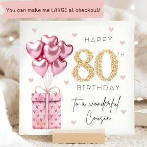 Tarjeta de cumpleaños número 80 de primo con globo de aluminio rosa, feliz cumpleaños número 80, primo, tarjeta de cumpleaños de primo, tarjeta personalizada de primo número ochenta, octogésimo