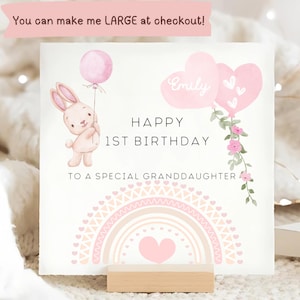 Carte d'anniversaire rose arc-en-ciel de petite-fille, carte de premier anniversaire personnalisée de petite-fille, carte d'anniversaire de petite-fille ayant 1 ans, lapin