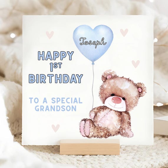 Grandson 1st Birthday Bear Balloon Card, Personalised Grandson