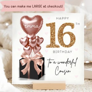 Carte personnalisée de 16e anniversaire de cousin, carte ballon noir or rose, cousin a 16 ans, cadeau de seizième anniversaire, carte d'anniversaire de 16e cousin