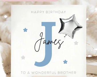 Bror initial födelsedagskort, bror personligt födelsedagskort, bror namn födelsedagskort, blå namn bror gåva, manlig bror födelsedag
