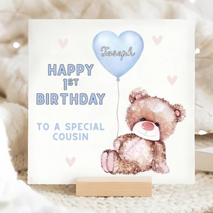1er anniversaire de cousin, ours et ballon, carte personnalisée pour le premier anniversaire d'un cousin, bébé cousin a 1 an, cadeau cousin a un an