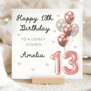 Cousin 13th Personalised Birthday Card, Rose Gold 13th Birthday Balloon Card, Cousin Teenager Card, Officially A Teenager Card, Cousin 13th