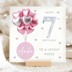 Carte personnalisée 7e anniversaire de nièce, carte ballon argent rose, nièce a 7 ans, cadeau de septième anniversaire, carte de 7e anniversaire nièce, jolie carte