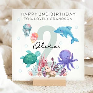 Grandson 2nd Birthday Under The Sea Card, Personalised Sea Animal Second Birthday Card, Grandson 2 Year Old Card, Grandson Is Two Years Old