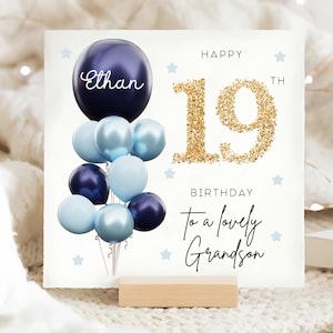 Carte personnalisée d'anniversaire de petit-fils 19e, carte ballon en or bleu, petit-fils a 19 ans, cadeau d'anniversaire de dix-neuf, carte de petit-fils 19e