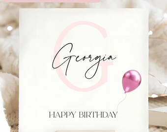 Pink Initial Personalised Birthday Card, For Her, Pink Birthday Card, Personalised Happy Birthday Card, Birthday Female Card