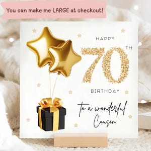 Tarjeta de cumpleaños número 70 para primo, negra y dorada, tarjeta de cumpleaños número 70 para primo, cumpleaños número 70 para primo, globo dorado