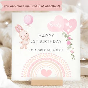1er anniversaire de nièce rose arc-en-ciel, carte de premier anniversaire de nièce personnalisée, carte d'anniversaire de 1 an nièce, carte d'anniversaire de lapin, amour