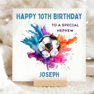 Carte de football 10e anniversaire de neveu, carte d'anniversaire personnalisée de neveu a 10 ans, dixième carte colorée de football de neveu, carte spéciale de neveu