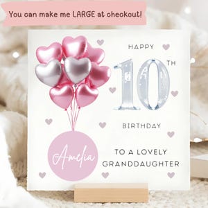 Carte personnalisée 10e anniversaire de petite-fille, carte ballon argent rose, petite-fille a 10 ans, cadeau dixième anniversaire, petite-fille a dix ans