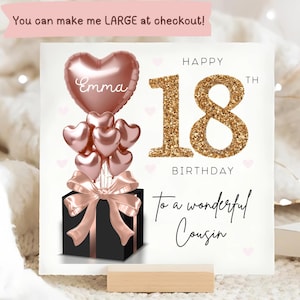 Tarjeta personalizada para el 18.º cumpleaños de mi prima, tarjeta con globo negro y oro rosa, regalo para el 18.º cumpleaños de mi prima, regalo para mi prima de 18 años.