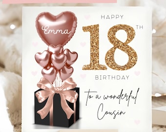 Cousin 18th Gem Birthday Personalised Card, Diamante Rose Gold Black Balloon Card, Cousin is 18, Eighteenth Birthday Gift, Cousin 18, Girl