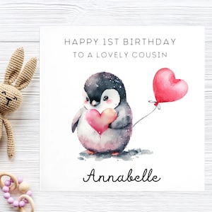 Carte personnalisée 1er anniversaire de cousin pingouin, carte de premier anniversaire de cousin, un cousin, un cousin a 1 an, un cousin a 1 an, mignon pingouin
