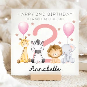 Carte animal personnalisé 2e anniversaire de cousin, merveilleux petit cousin, carte d'anniversaire de bébé fille, carte d'anniversaire rose 2 spécial, cousin deux