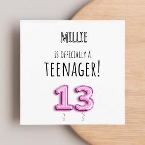 Carte d'anniversaire rose ballon d'aluminium 13e adolescent, carte d'anniversaire personnalisée 13e, officiellement une carte d'adolescent, cadeau de joyeux anniversaire, lui, elle