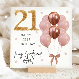 Girlfriend 21st Birthday Pink Brown & Gold Balloon Card, Personalised Girlfriend Twenty-First Birthday Card, Girlfriend Is 21 Card