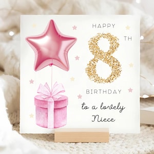 Carte d'anniversaire nièce 8 ans, carte ballon étoile métallisée rose, nièce a 8 ans, huitième carte d'anniversaire nièce, cadeau nièce huit, carte personnalisée nièce