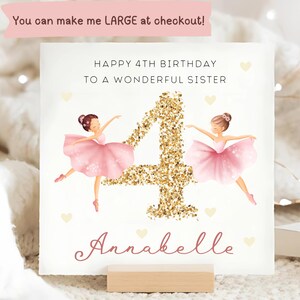 Carte personnalisée de ballerine de 4e anniversaire de soeur, carte d'anniversaire de soeur d'enfant, carte de soeur de 4 ans, carte de nombre de paillettes d'or
