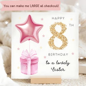 Carte d'anniversaire soeur 8e, carte ballon étoile feuille rose, soeur a 8 ans, carte d'anniversaire soeur huitième, cadeau soeur huit ans, soeur a 8 ans, soeur amour
