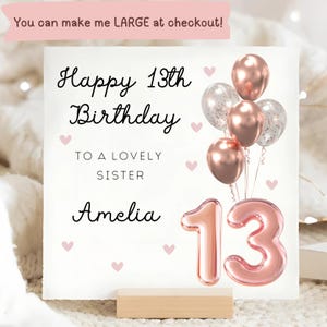 Carte d'anniversaire personnalisée pour soeur 13e anniversaire, carte ballon de 13e anniversaire en or rose, carte soeur adolescente, carte officiellement adolescente, à ma soeur