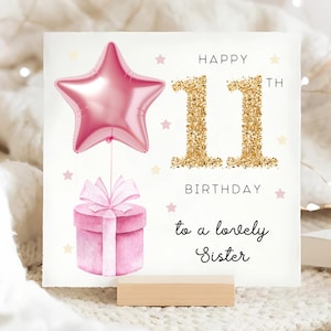 Sister 11th Birthday Card, Pink Foil Star Balloon Card, Sister Is 11, Sister Eleventh Birthday Card, Sister Is Eleven, Girl Sister Card