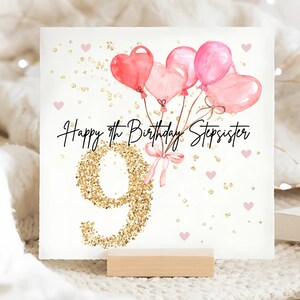 9ème carte d'anniversaire ballon rose demi-soeur, carte d'anniversaire personnalisée demi-soeur 9, belle-soeur neuvième carte rose, demi-soeur a neuf ans cadeau