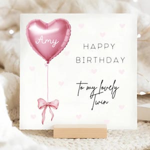 Twin Personalised Pink Balloon Birthday Card, Female Twin Birthday Card, Happy Birthday To Us, To My Sister Card, Twinnie Birthday Card