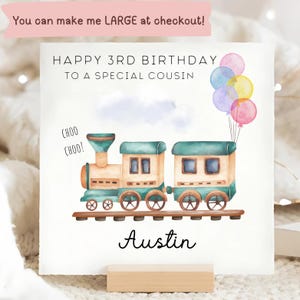 3e anniversaire de cousin train, carte de troisième anniversaire personnalisée, troisième carte d'anniversaire de cousin, cousine fête ses trois ans, carte de cousin de 3 ans