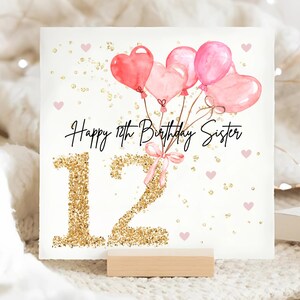 Carte d'anniversaire ballon rose pour soeur 12e, carte d'anniversaire personnalisée pour 12 soeur, douzième carte rose soeur, carte soeur a douze ans