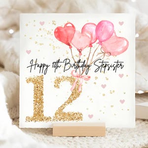 Carte d'anniversaire ballon rose 12e demi-soeur, carte d'anniversaire 12 demi-soeur personnalisée, douzième carte rose demi-soeur, belle-soeur a douze ans