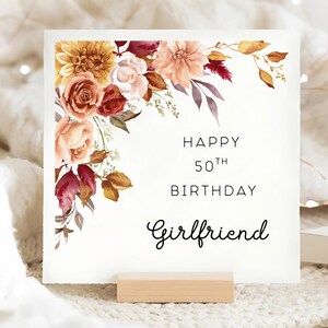 Girlfriend 50th Birthday Card, Brown Pink Flower Birthday Card, Gift For Girlfriend, Girlfriend Is Fifty Card, Girlfriend Fiftieth Birthday