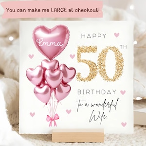 Carte personnalisée 50e anniversaire de femme, carte ballon en or rose, femme a 50 ans, cadeau cinquantième anniversaire, carte d'anniversaire de femme 50 ans, femme a 50 ans