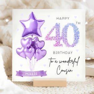 Cousin 40th Purple Birthday Card, Personalised Cousin 40th Card, Cousin Is Forty Card, Cousin Fortieth Card, Fab at Forty Cousin Female