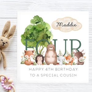 Cousin 4th Birthday Woodland Animal Card, Personalised Cousin Four Card, Cousin Fourth Birthday Card, Lovely Cousin Birthday Card