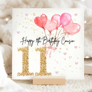 Cousin 11th Pink Balloon Birthday Card, Personalised Cousin 11 Birthday Card, Cousin Pink Eleventh Card, Cousin Is Eleven Birthday Card