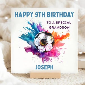 Carte de football de 9e anniversaire de petit-fils, carte d'anniversaire personnalisée de petit-fils de 9 ans, neuvième carte colorée de football de petit-fils, petit-fils spécial